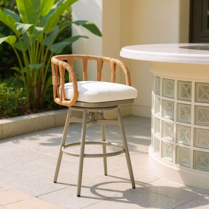 Safal White Upholstered Swivel Outdoor Bar Stool
