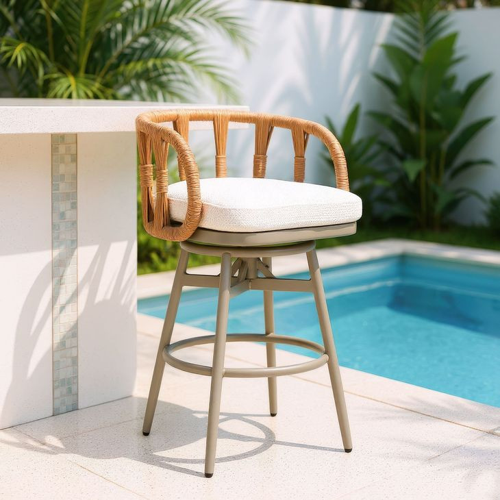 Safal White Upholstered Swivel Outdoor Bar Stool