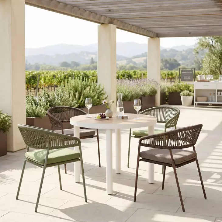 Nimara Natural and White Outdoor 35" Round Glass Top Dining Table