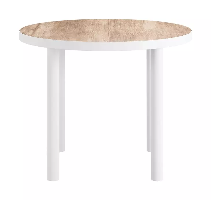 Nimara Natural and White Outdoor 35" Round Glass Top Dining Table