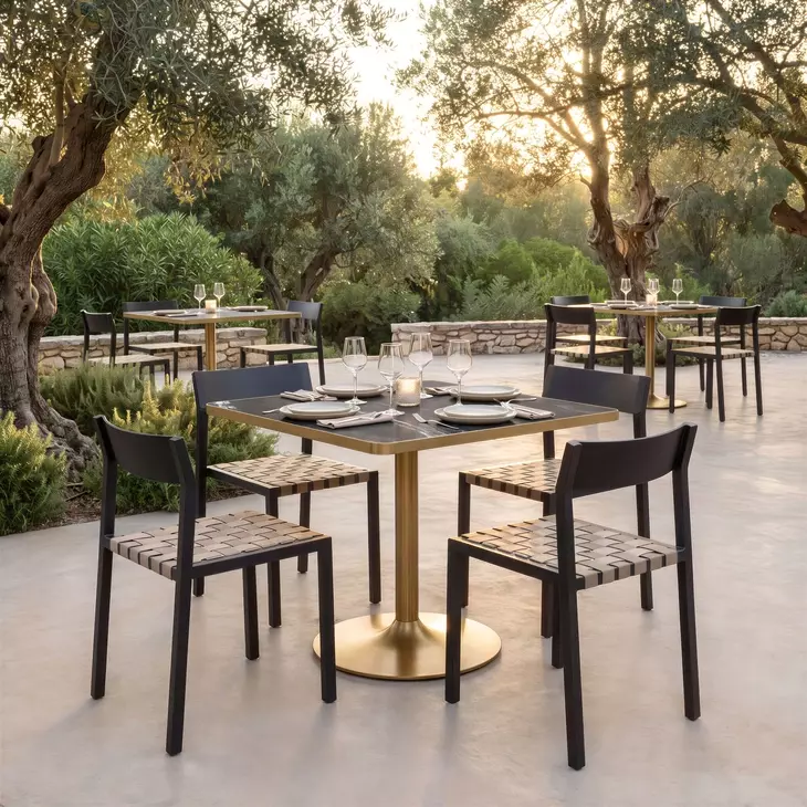 Caliza Black and Gold Outdoor 36" Square Glass Top Dining Table