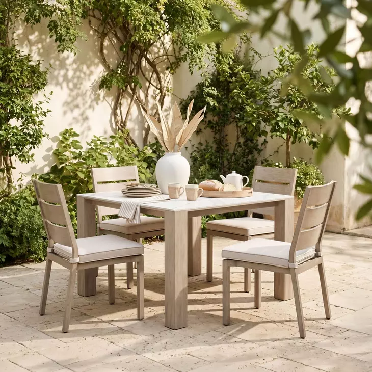 Leilani White and Brown Outdoor 48" Square Sintered Stone Top Dining Table