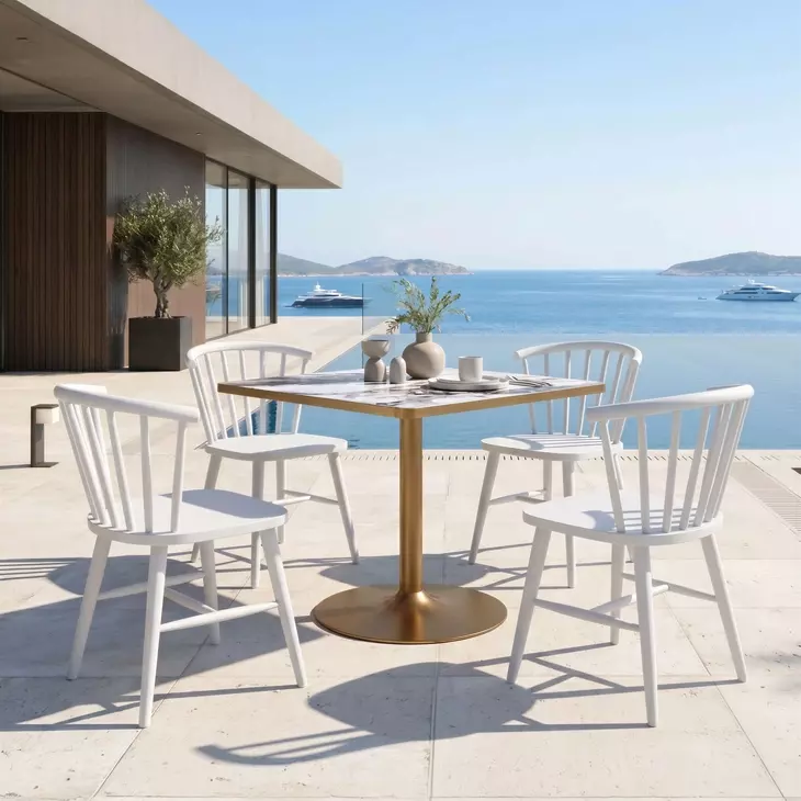 Caliza White and Gold Outdoor 36" Square Glass Top Dining Table