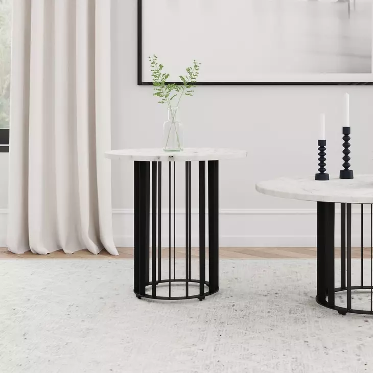 Haven Black and White Marble Top Round End Table