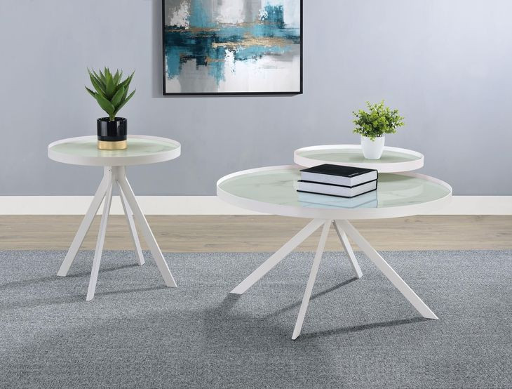 Briggs White Marble Printed Glass Top Round End Table