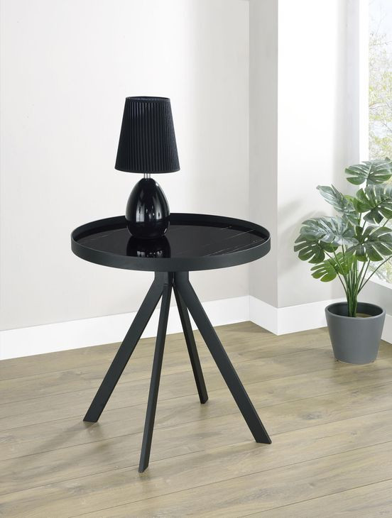 Briggs Black Marble Printed Glass Top Round End Table