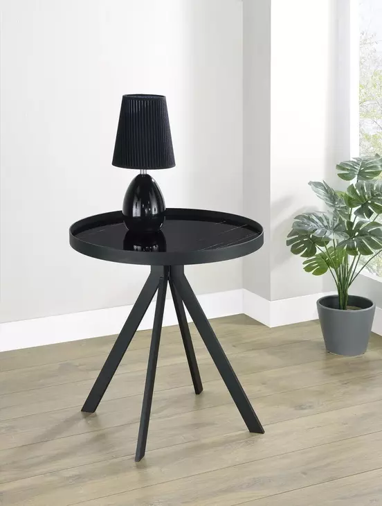 Briggs Black Marble Printed Glass Top Round End Table