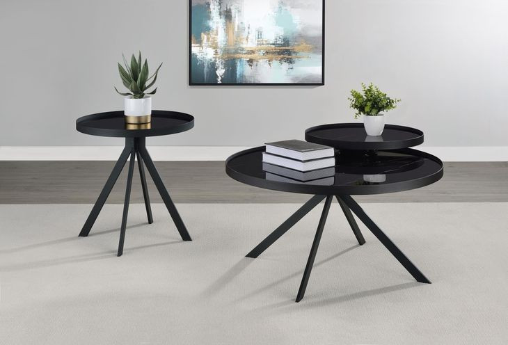 Briggs Black Marble Printed Glass Top Round End Table