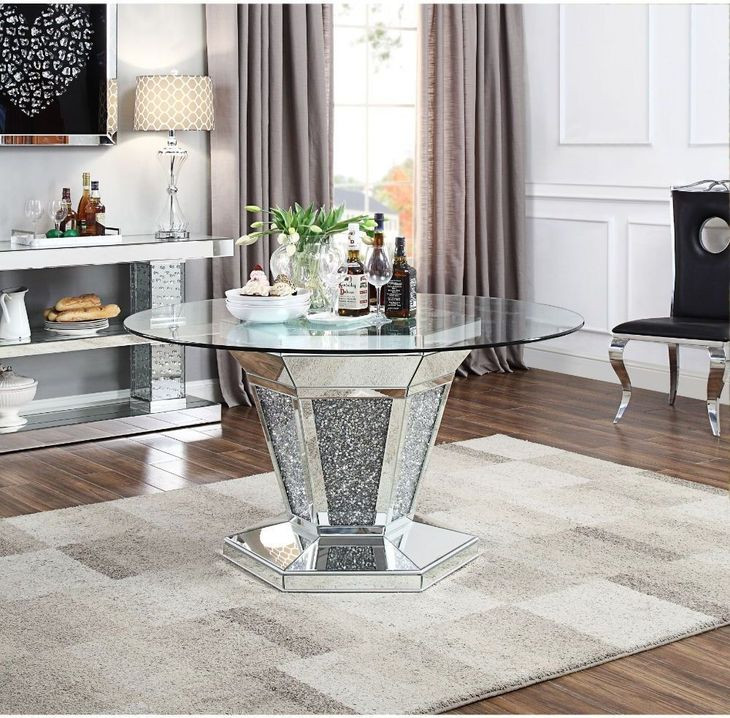 Noralie Silver and Gray 52" Round Glass Top Dining Table