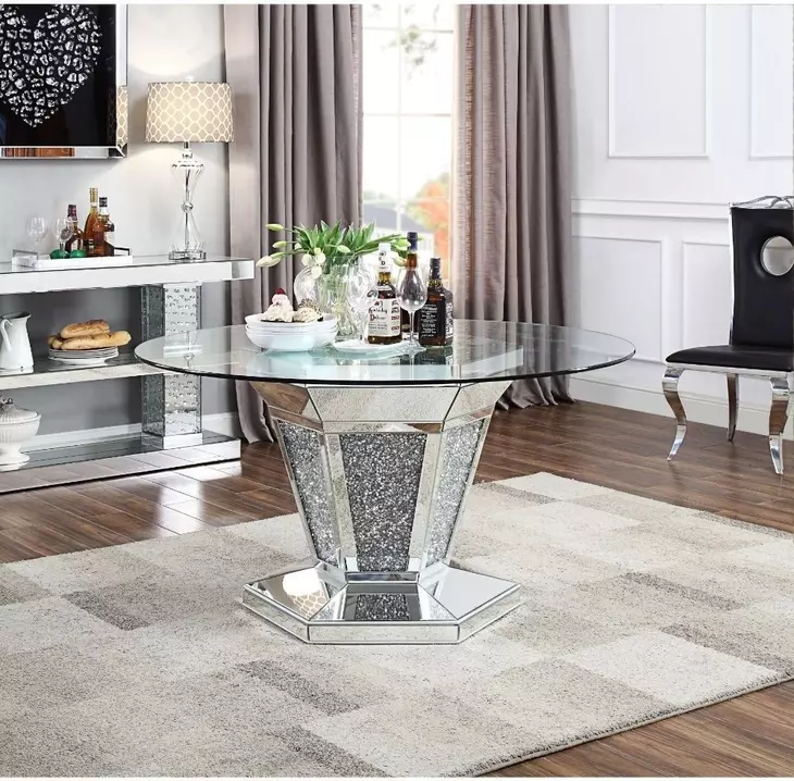 Noralie Silver and Gray 52" Round Glass Top Dining Table