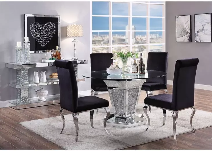 Noralie Silver and Gray Round Glass Top Dining Room Set