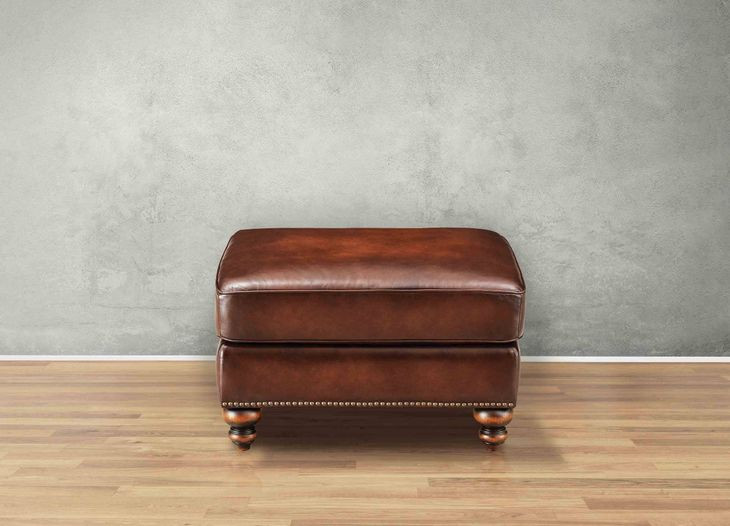Kingswell Brown Leather Upholstered Rectangular Ottoman with Nailhead Trim