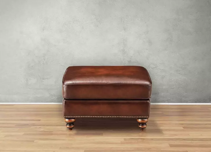 Kingswell Brown Leather Upholstered Rectangular Ottoman with Nailhead Trim