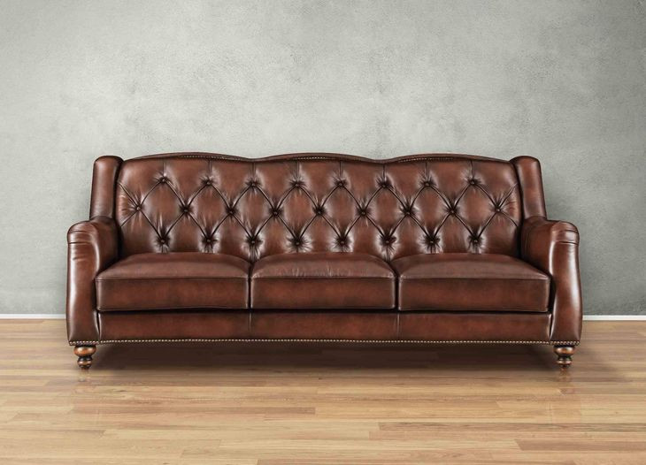 Kingswell Brown Leather 91" Sofa with Nailhead Trim