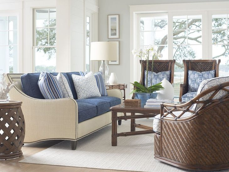 Twin Palms Blue and Gray 85" Koko Sofa with Nailhead Trim