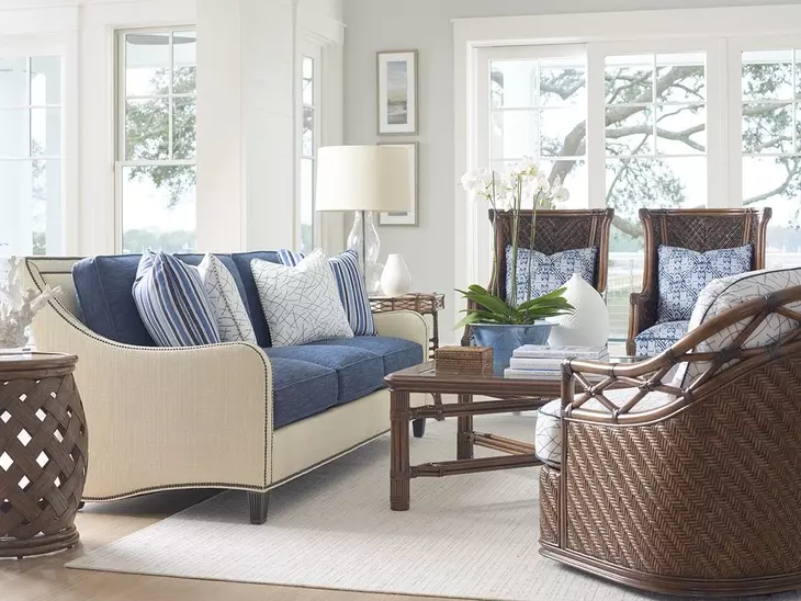 Twin Palms Blue and Gray Koko 85" Sofa with Nailhead Trim