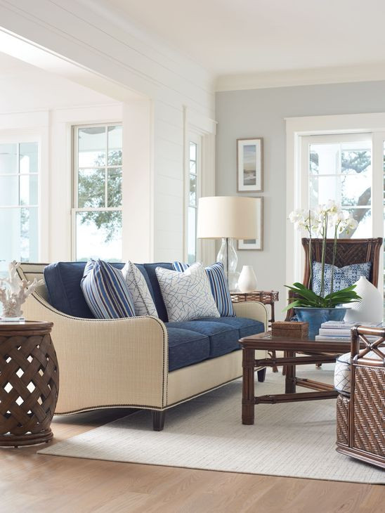Twin Palms Koko Blue 85" Sofa with Pillows and Nailhead Trim