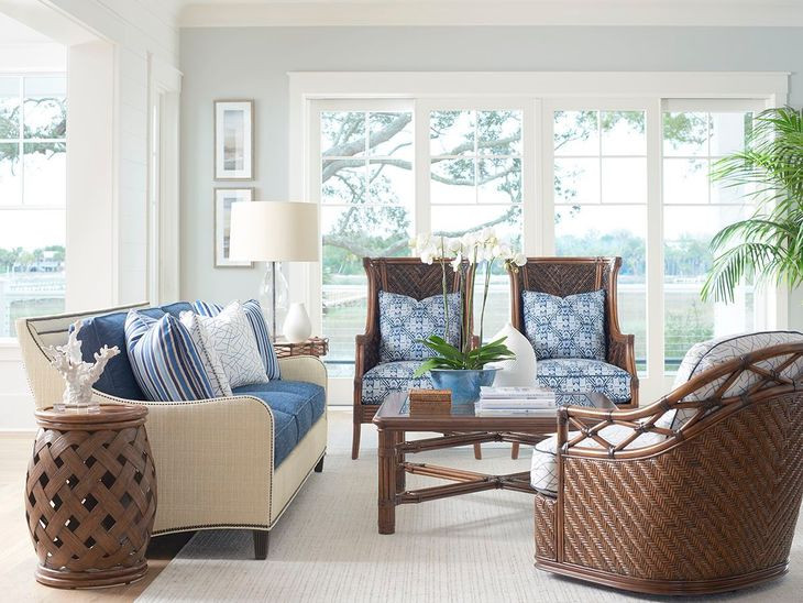 Twin Palms Blue and Gray 85" Koko Sofa with Nailhead Trim