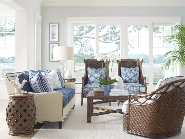 Twin Palms Blue and Gray Koko 85" Sofa with Nailhead Trim