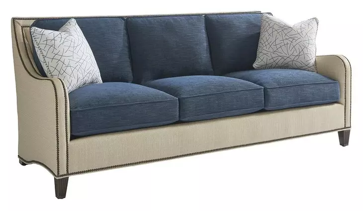 Twin Palms Blue and Gray Koko 85" Sofa with Nailhead Trim