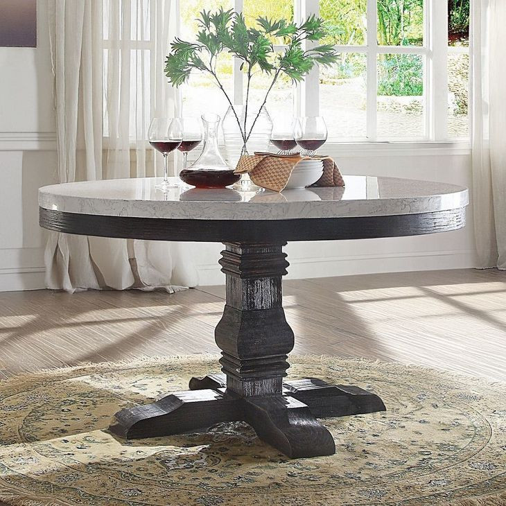 Nolan White and Salvage Dark Oak 54" Round Marble Top Dining Table