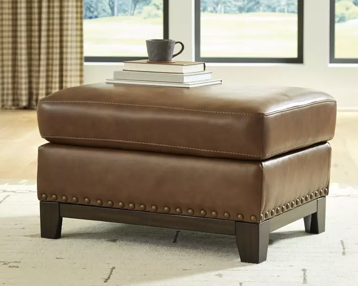 Brendola Amber Leather Upholstered Rectangular Ottoman with Nailhead Trim