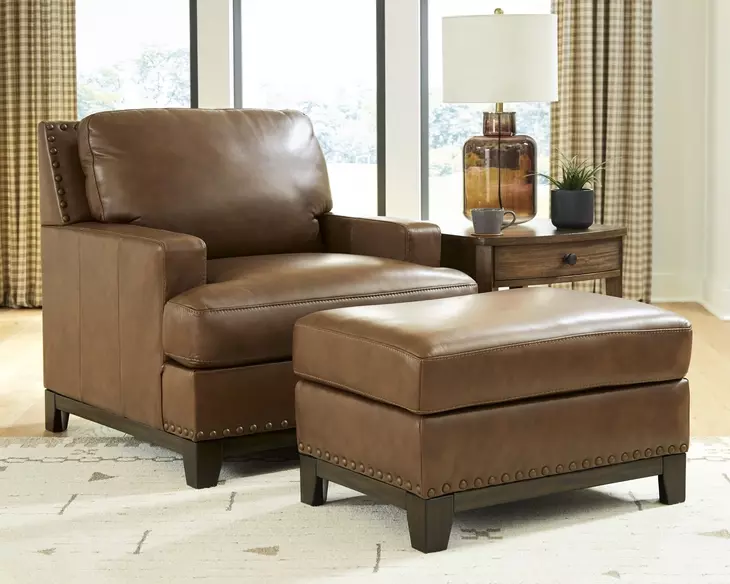 Gambellara Amber Leather Upholstered Accent Chair with Nailhead Trim