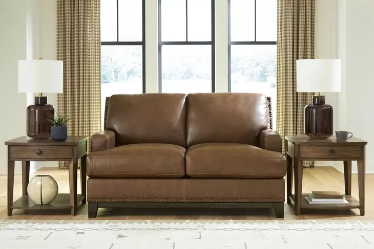 Gambellara Amber Leather 63" Loveseat with Nailhead Trim