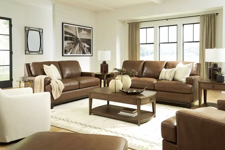 Gambellara Amber Leather Living Room Set with Nailhead Trim