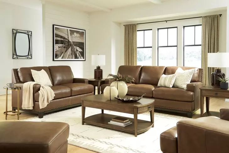 Gambellara Amber Leather Upholstered Accent Chair with Nailhead Trim