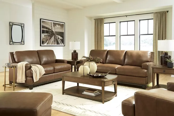 Gambellara Amber Leather Living Room Set with Nailhead Trim
