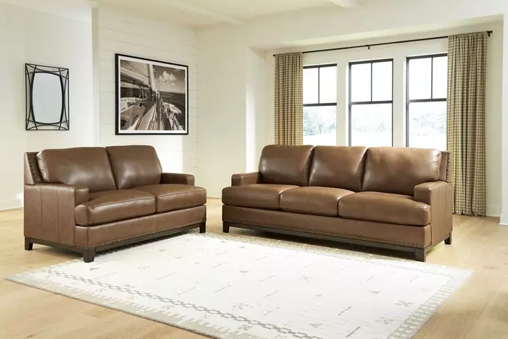 Gambellara Amber Leather 90" Sofa with Nailhead Trim