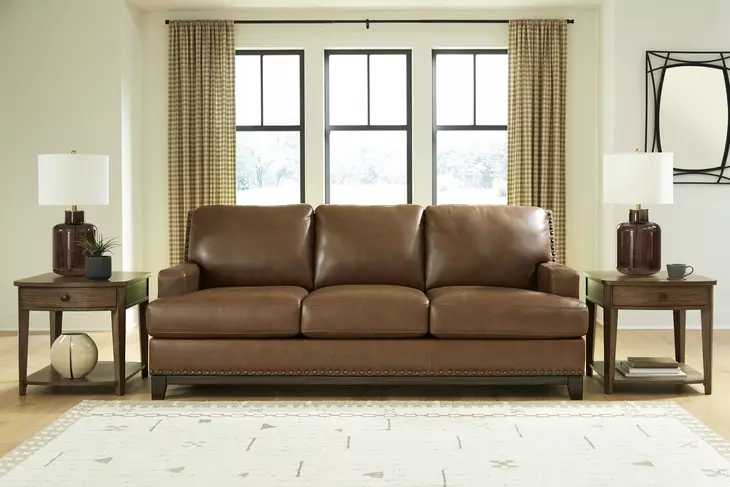 Gambellara Amber Leather 90" Sofa with Nailhead Trim