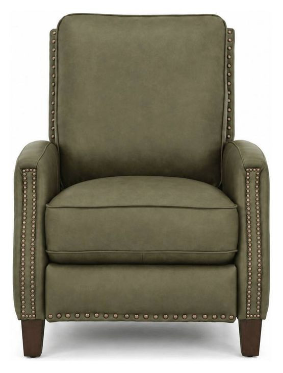 Melrose Oasis Olive Leather Push Thru The Arms Recliner with Nailhead Trim