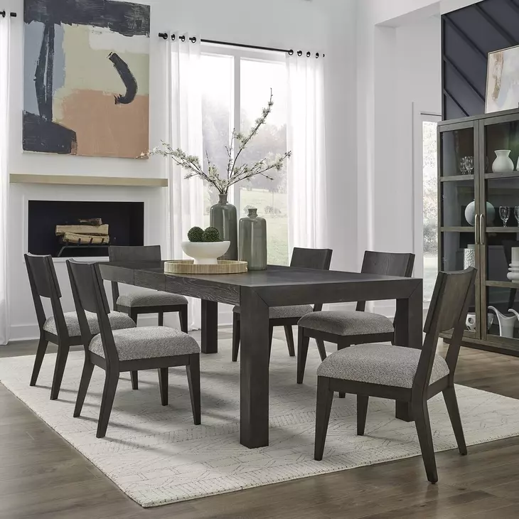 Cascade Falls Satin Espresso and Misty Gray Upholstered 7 Piece Extendable Rectangular Dining Set