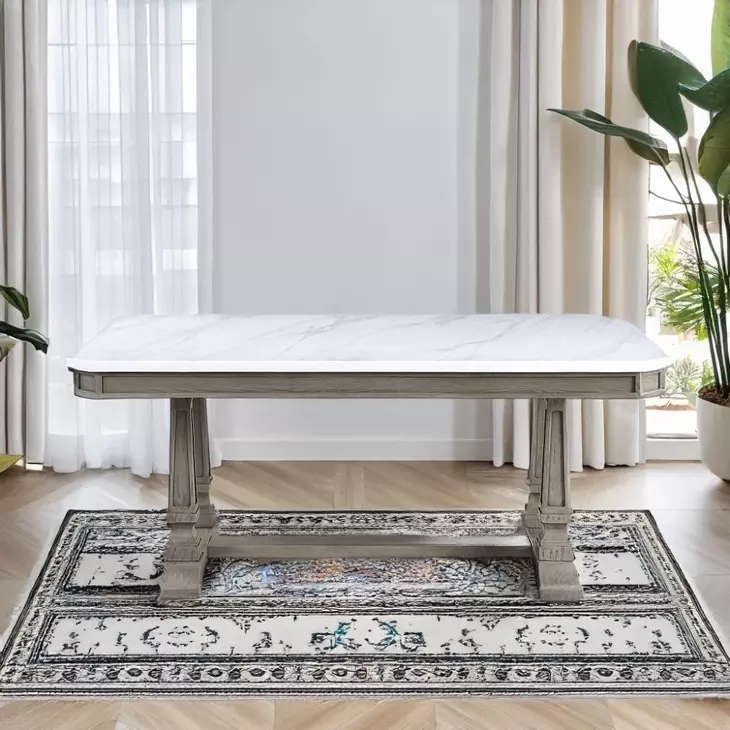 Zumala White and Weathered Oak 71" Rectangular Marble Top Dining Table