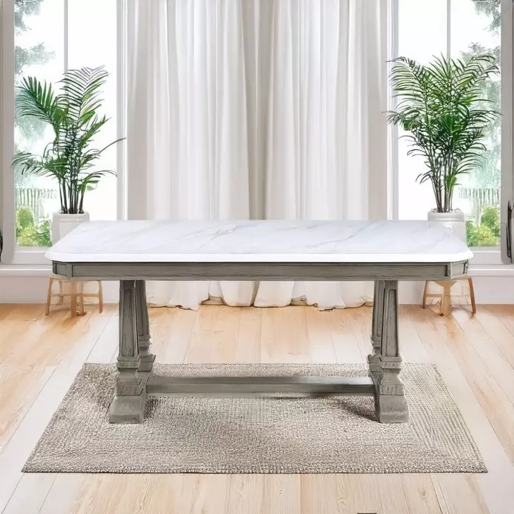 Zumala White and Weathered Oak 71" Rectangular Marble Top Dining Table