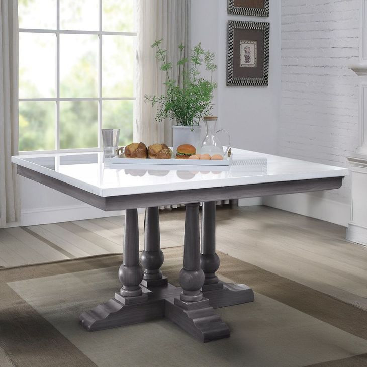 Yabeina White and Gray Oak 48" Square Marble Top Dining Table