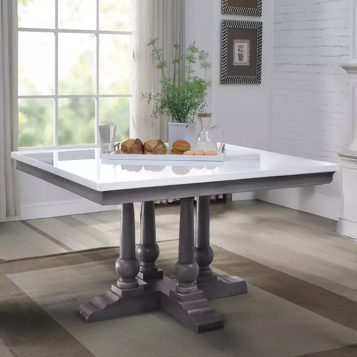 Yabeina White and Gray Oak 48" Square Marble Top Dining Table