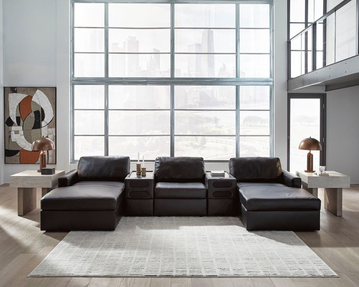 ModMax II Black Leather 5 Piece Double Chaise Sectional with Audio Consoles