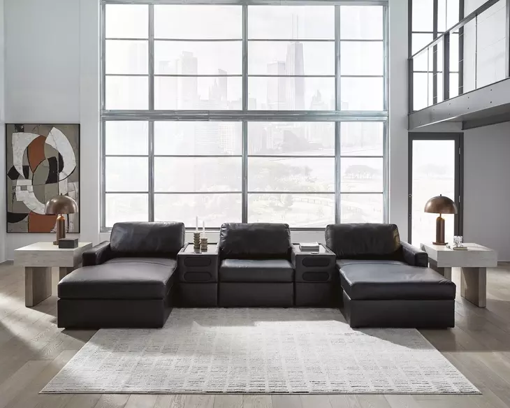 ModMax II Black Leather 5 Piece Double Chaise Sectional with Audio Consoles