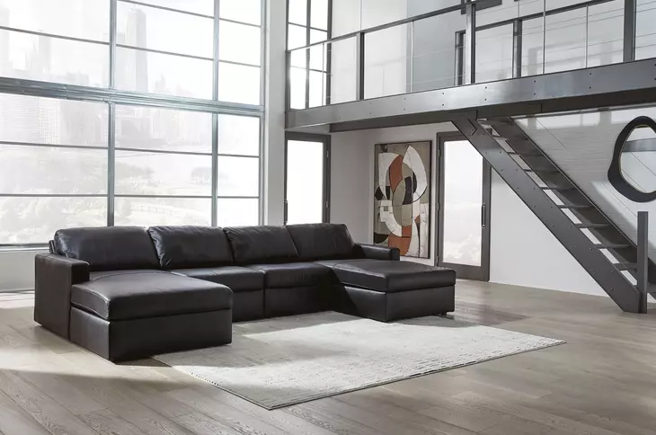 ModMax II Black Leather 4 Piece Double Chaise Sectional