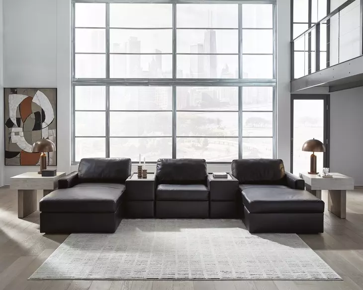 ModMax II Black Leather 5 Piece Double Chaise Sectional with Storage Consoles
