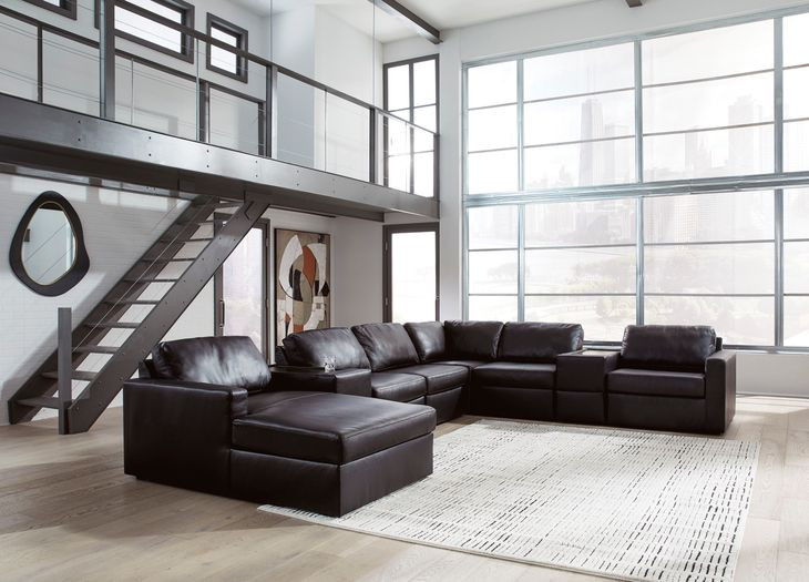 ModMax II Black Leather 8 Piece Sectional with Chaise and Storage Consoles