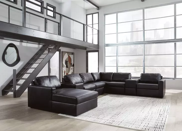 ModMax II Black Leather 8 Piece Sectional with Chaise and Storage Consoles