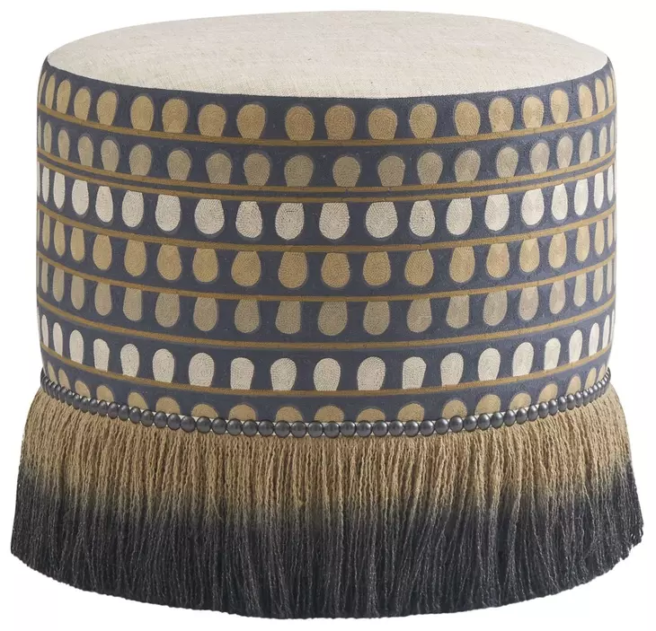 Key Biscayne Lamar Brown and Black Upholstered Round Swivel Ottoman with Nailhead Trim