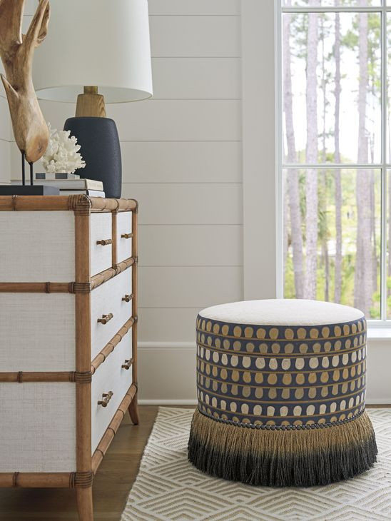 Key Biscayne Lamar Brown and Black Upholstered Round Swivel Ottoman with Nailhead Trim