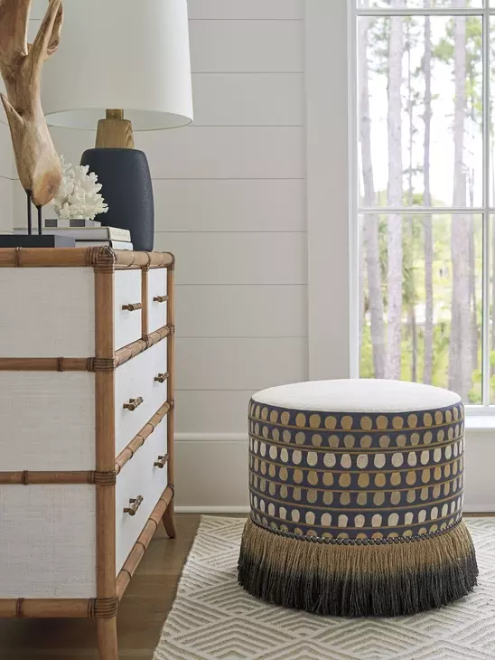 Key Biscayne Lamar Brown and Black Upholstered Round Swivel Ottoman with Nailhead Trim
