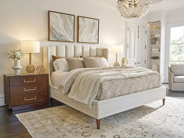 Savoy Rendezvous Ivory and Brown Performance Fabric California King Upholstered Panel Bed