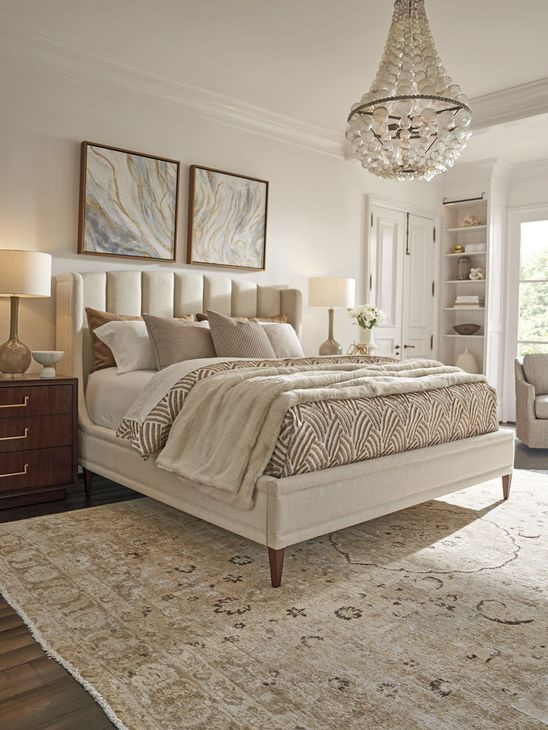 Savoy Rendezvous Ivory and Brown Performance Fabric Queen Upholstered Panel Bed